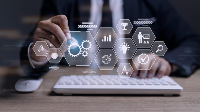 Business process management concept. Businessman touch on virtua